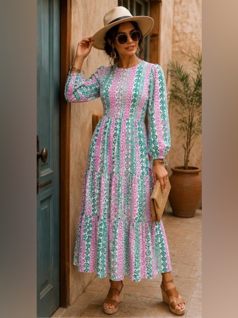 Oliphant Pink & Green Block Print Smocked Cotton Maxi Dress
